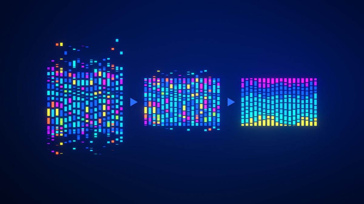 Data transformation visualisation showing progressive organisation of information through three colourful grid stages, illustrating workflow optimisation