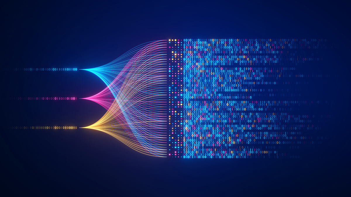 Multi-coloured data streams converging into digital binary code, representing advanced data integration for invoice processing
